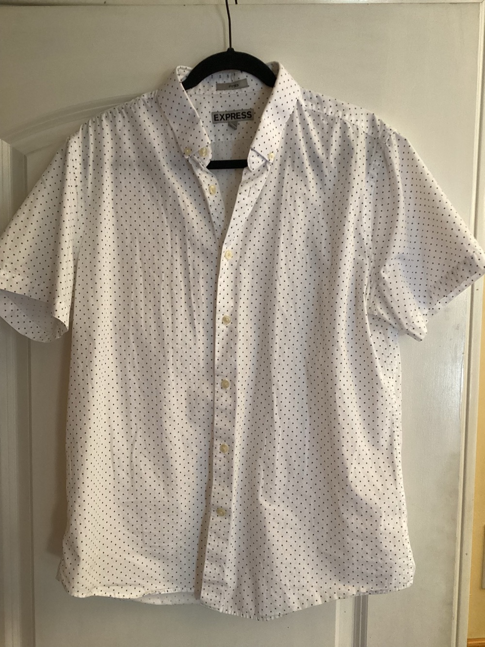 Express Men’s Fitted Polka Dot Short-Sleeve Button-Down Shirt White/Black Size L